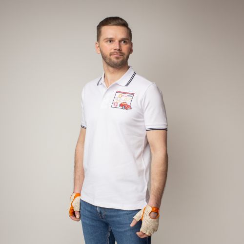 Luxury Stripe Stretch Polo with Porsche 356 logo, White/Navy